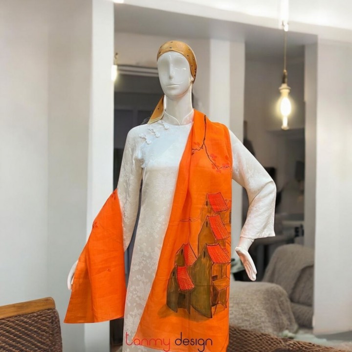 Khăn gai dài màu cam đậm vẽ tay hình phố cổ 70*190cm